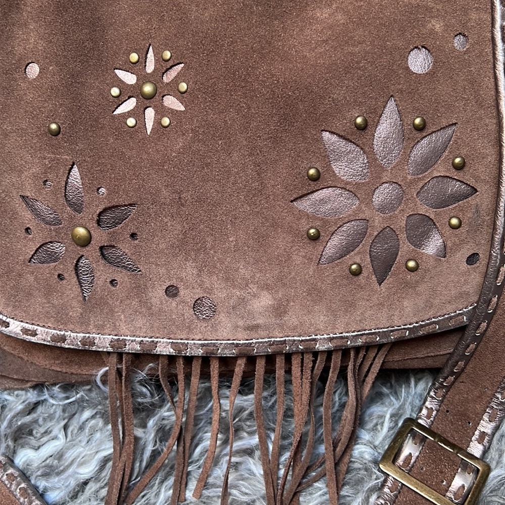 Brown Suede Leather Crossbody Handbag Gorgeous Metallic Boho Bag Leather Putse - Picture 2 of 16